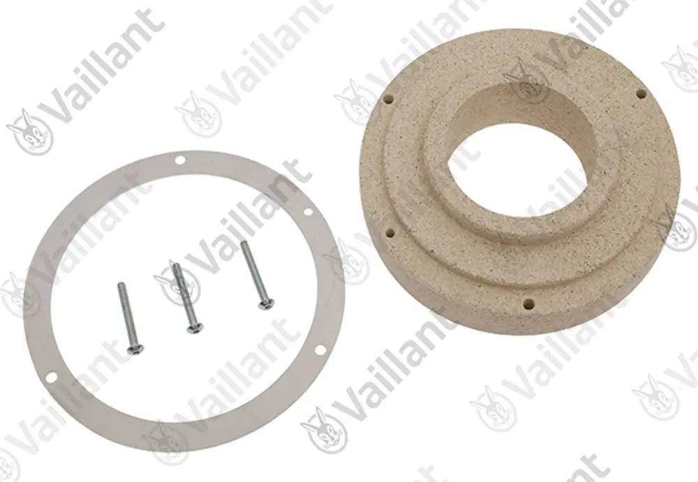 Vaillant-Isolierplatte in runder Form mit zentralem Loch, begleitet von einer Halterung und drei Schrauben, die zur Montage dienen.